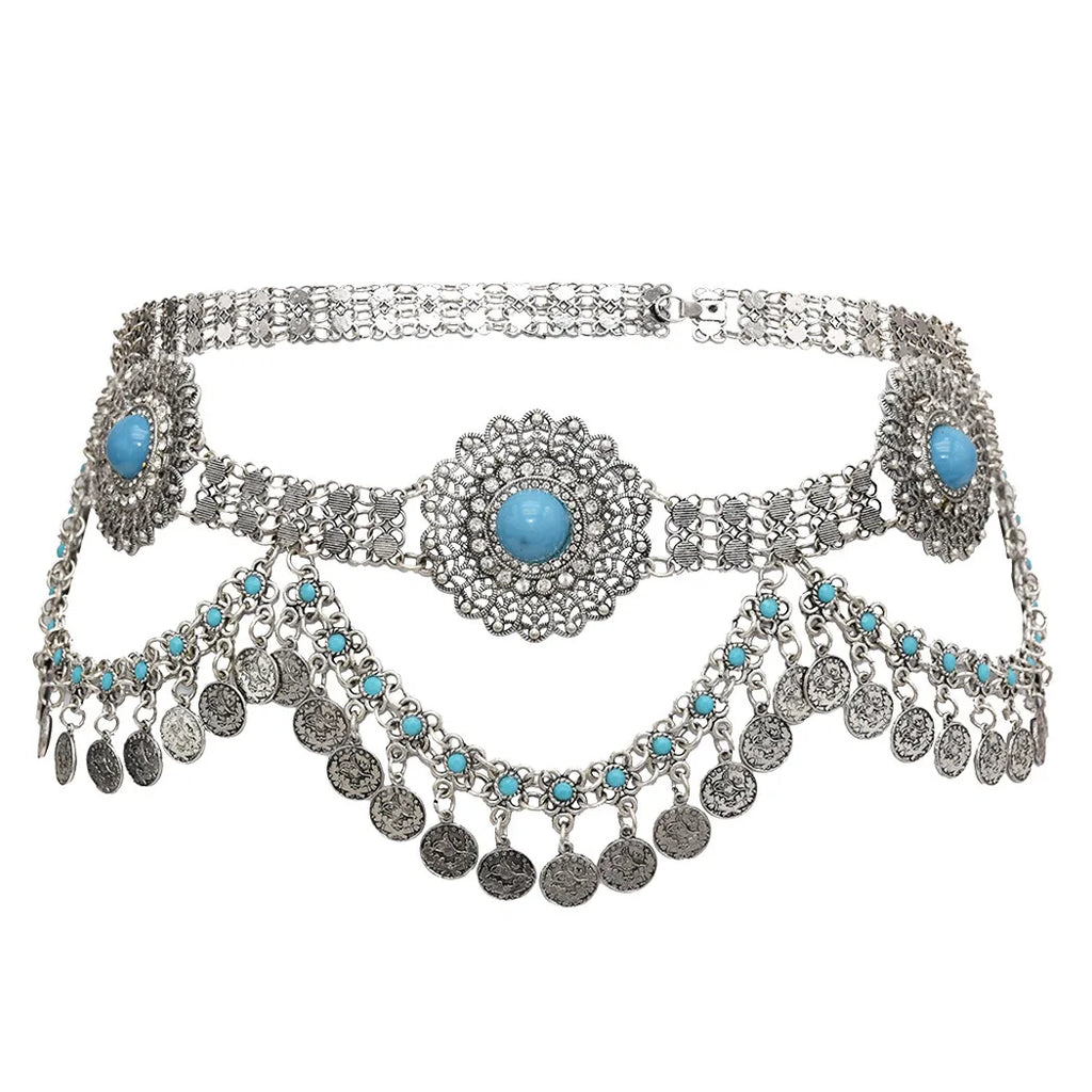 Boho silver metal belt with turquoise stones and dangling coin charms