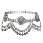 Boho silver metal belt with turquoise stones and dangling coin charms