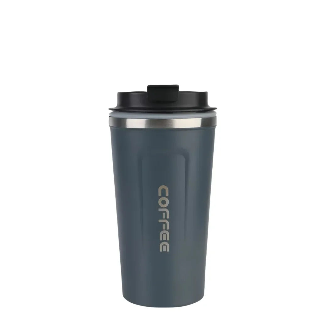 Dark gray insulated travel coffee mug with black lid and vertical 'COFFEE' text