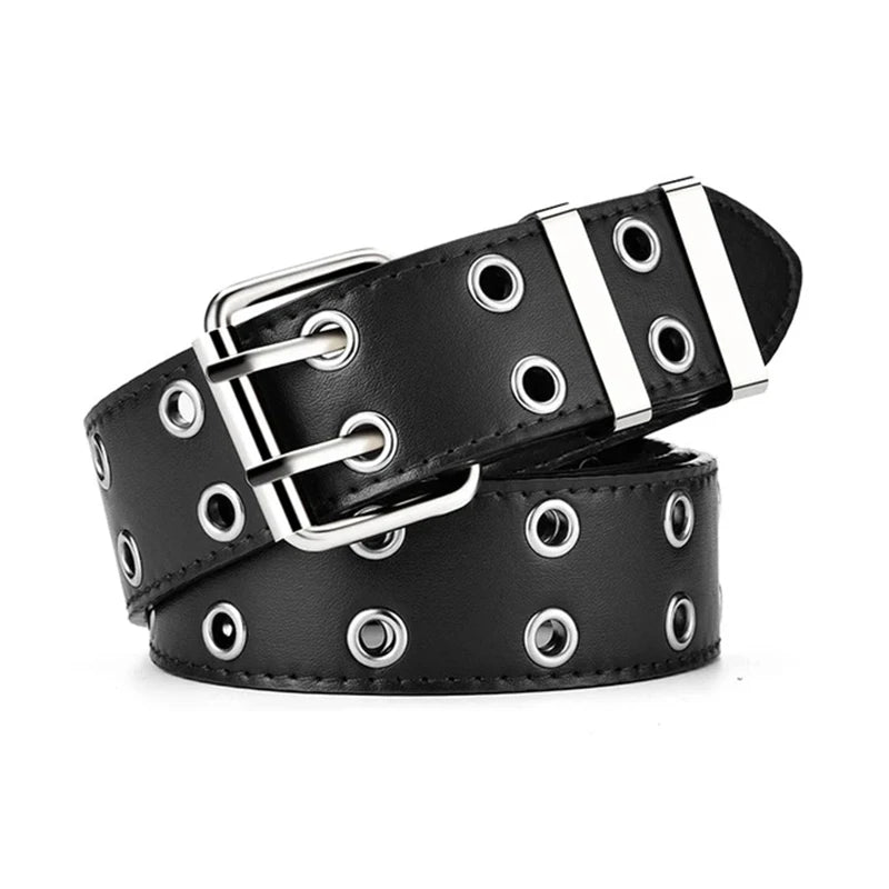 Double Hole Leather Belt – Large Size Y2K Punk Waistband for Men and Women