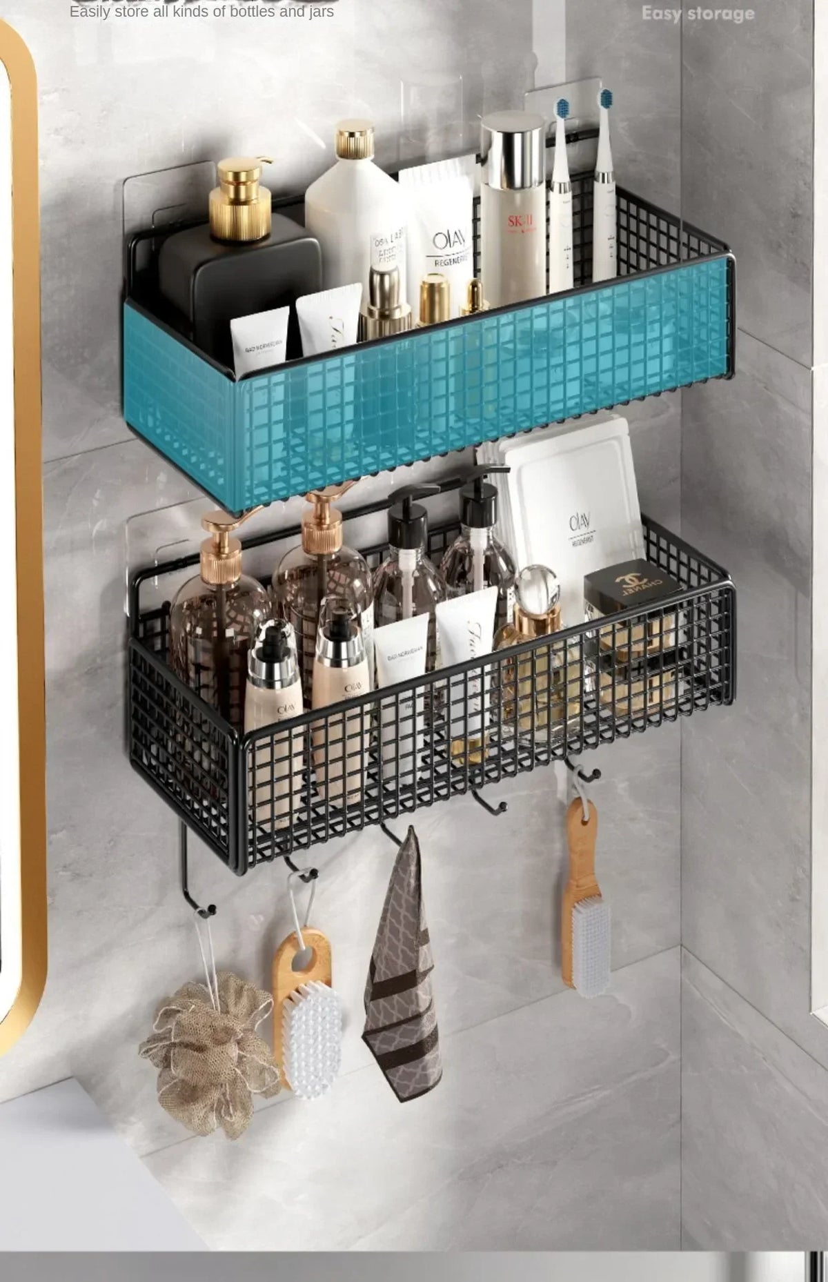 Bilayer Grid Wall Shelf – Adhesive Bathroom Organizer for Shower Storage