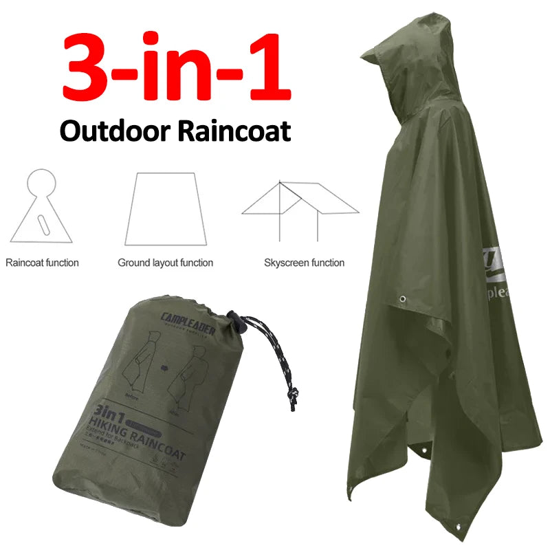 3-in-1 Waterproof Rain Poncho – Hooded Rainwear for Camping and Hiking