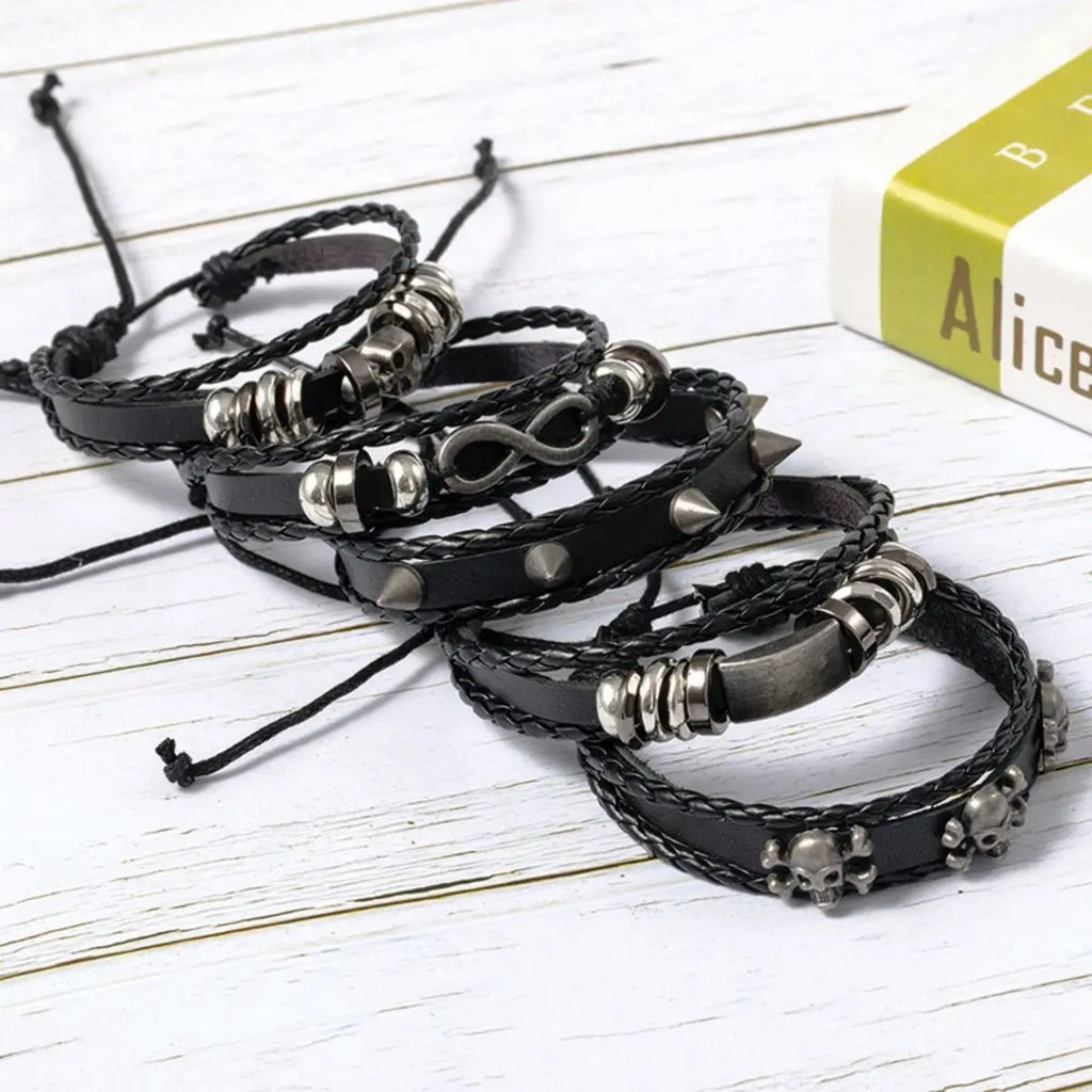 Braided Punk Leather Bracelet Set – Metal Bead Wristbands for Gothic Jewelry