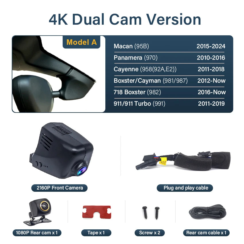 4K WiFi Dash Cam – Plug and Play Video Recorder for Porsche Models