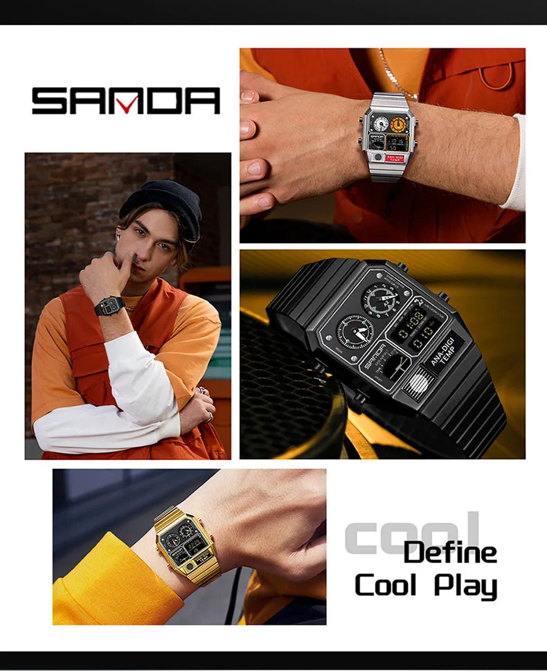 Square Stainless Steel Digital Watch – Temperature Gauge for Men's Sports