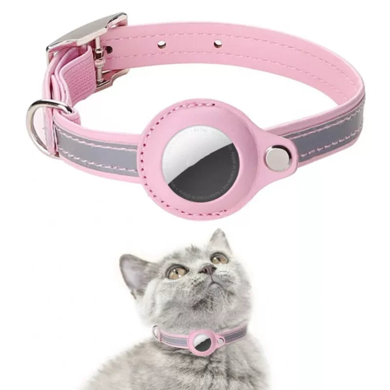 Adjustable Leather Airtag Collar – Reflective GPS Tracker for Pets