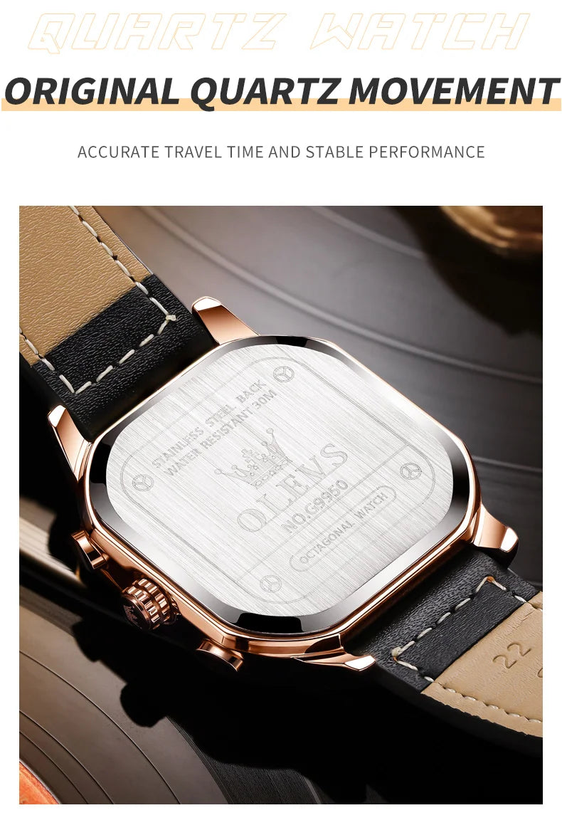 Square Leather Chronograph Watch – Waterproof Quartz Timepiece for Men