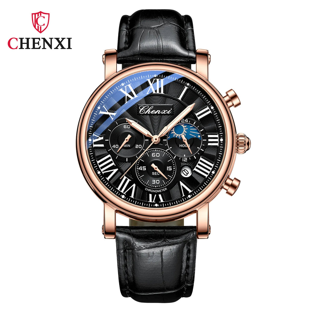 Leather Quartz Chronograph Watch – Men's Moon Phase Business Wristwatch