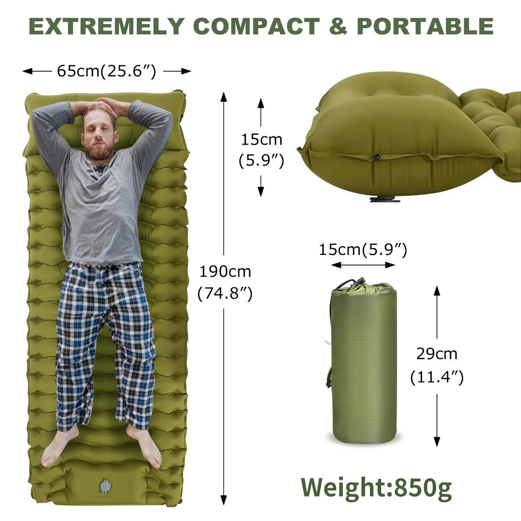 Inflatable Sleeping Pad – Built-in Pillow for Camping Hiking and Travel