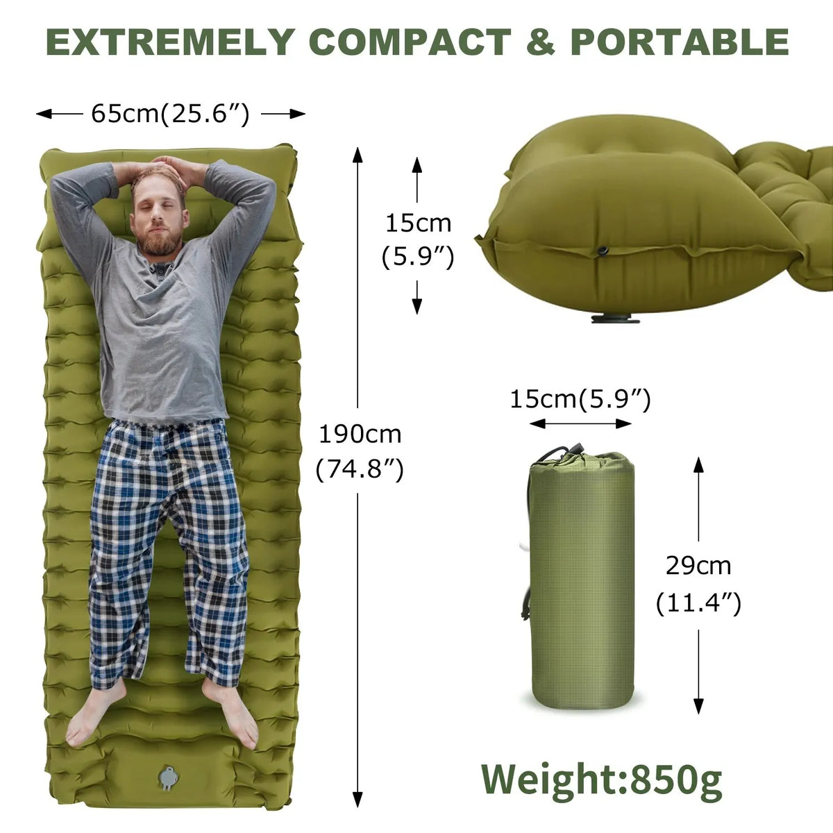 Inflatable Sleeping Pad – Built-in Pillow for Camping Hiking and Travel