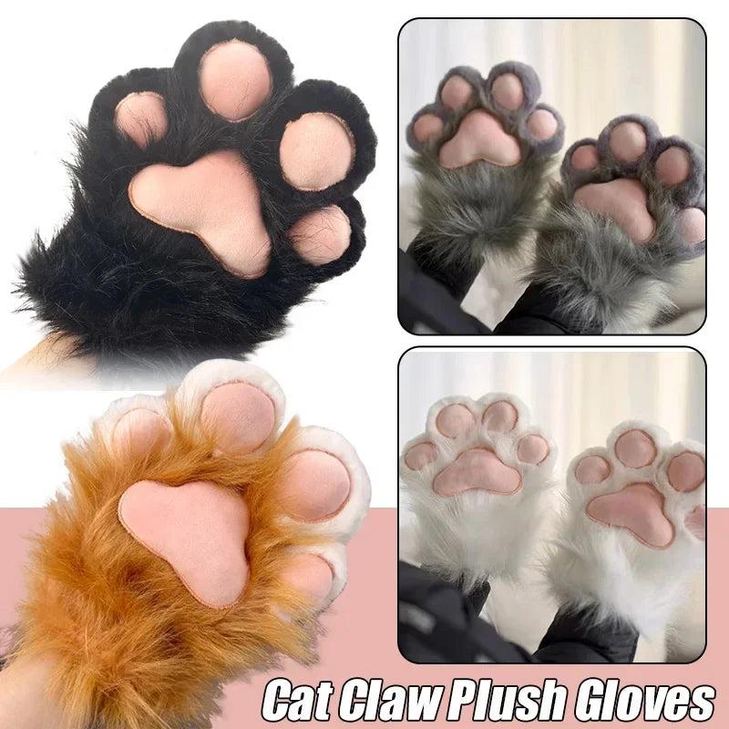 Furry cat paw plush gloves in black, gray, orange, and white, novelty costume accessory.