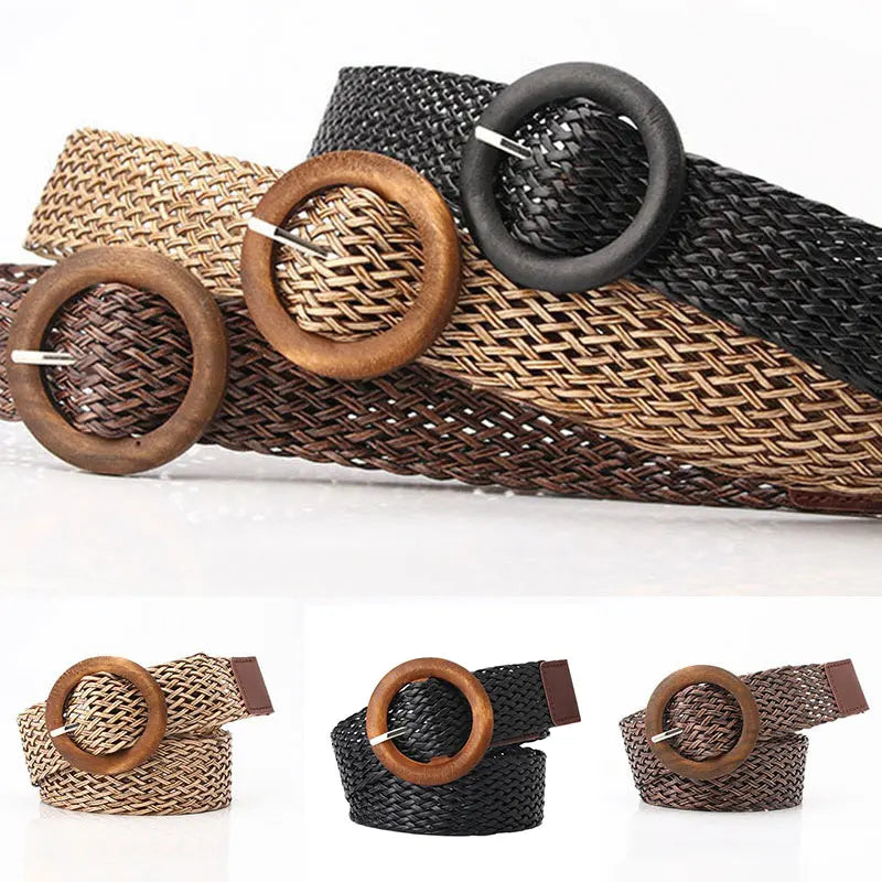 Braided Straw Waist Belt – Boho Wooden Buckle Accessory for Women