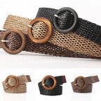 Braided Straw Waist Belt – Boho Wooden Buckle Accessory for Women