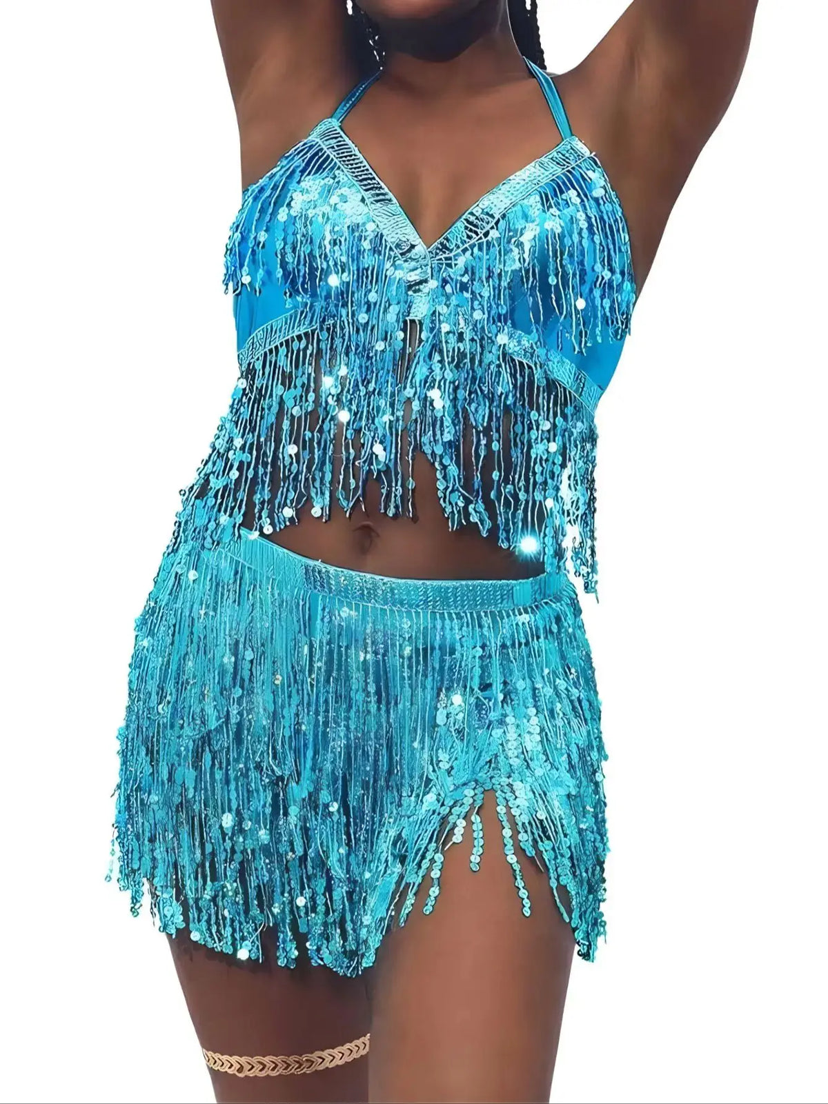 Woman wearing sparkly blue sequin fringe crop top and shorts set, festival outfit