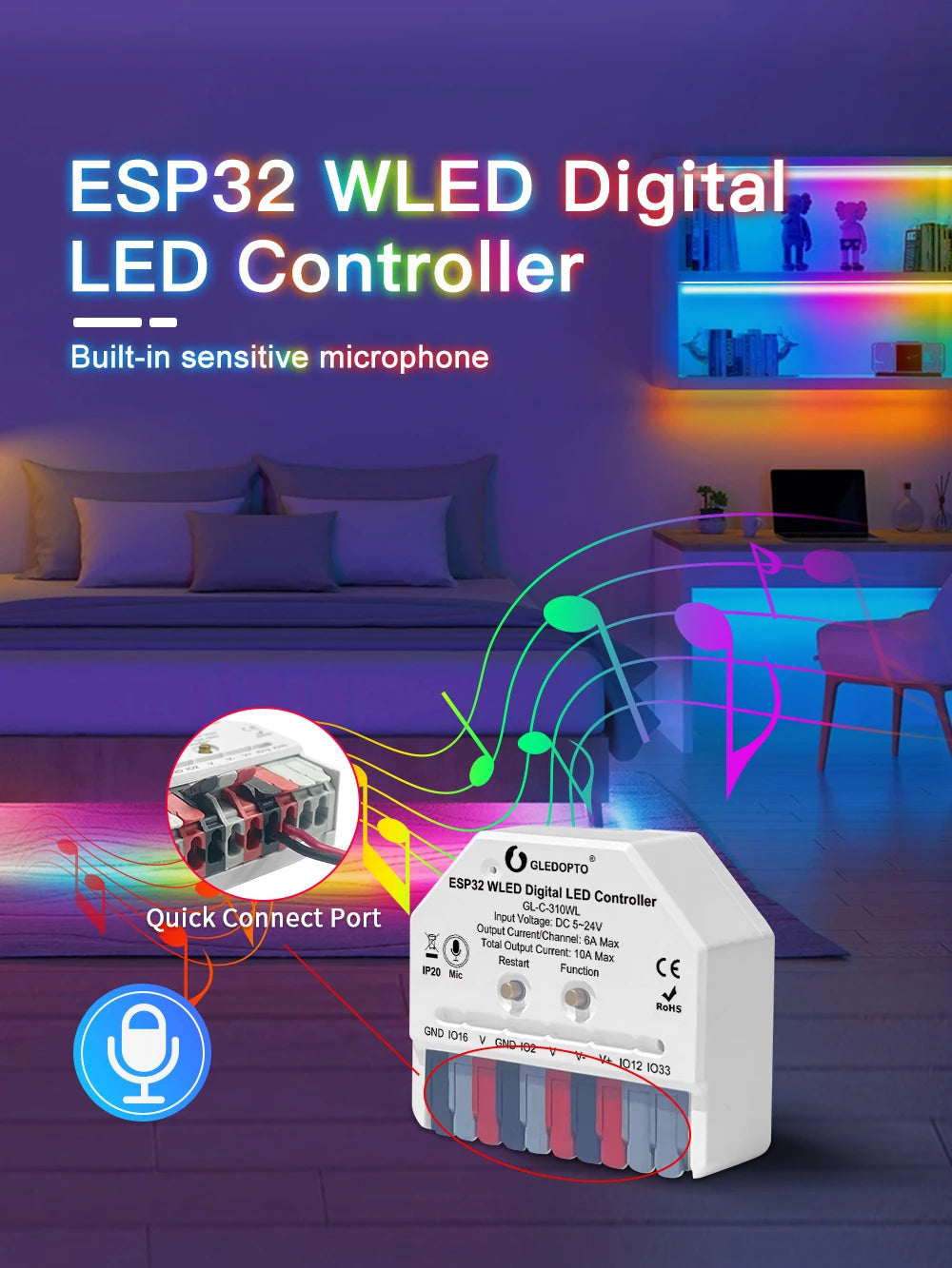 WLED LED Controller – ESP32 Smart Music Sync for DIY Lighting Projects