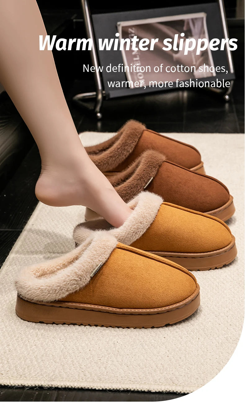 Fluffy Fur-Lined Slippers – Anti-Slip Thick Sole Winter Shoes for Indoor Home Use