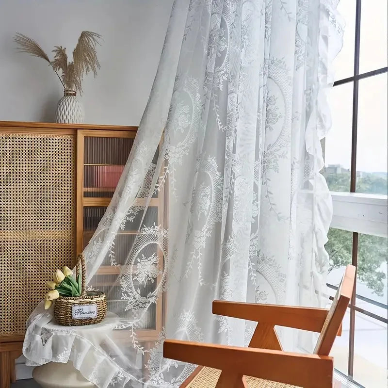 Floral Ruffled Tulle Curtain – Sheer Jacquard Lace Drapes for Living Room