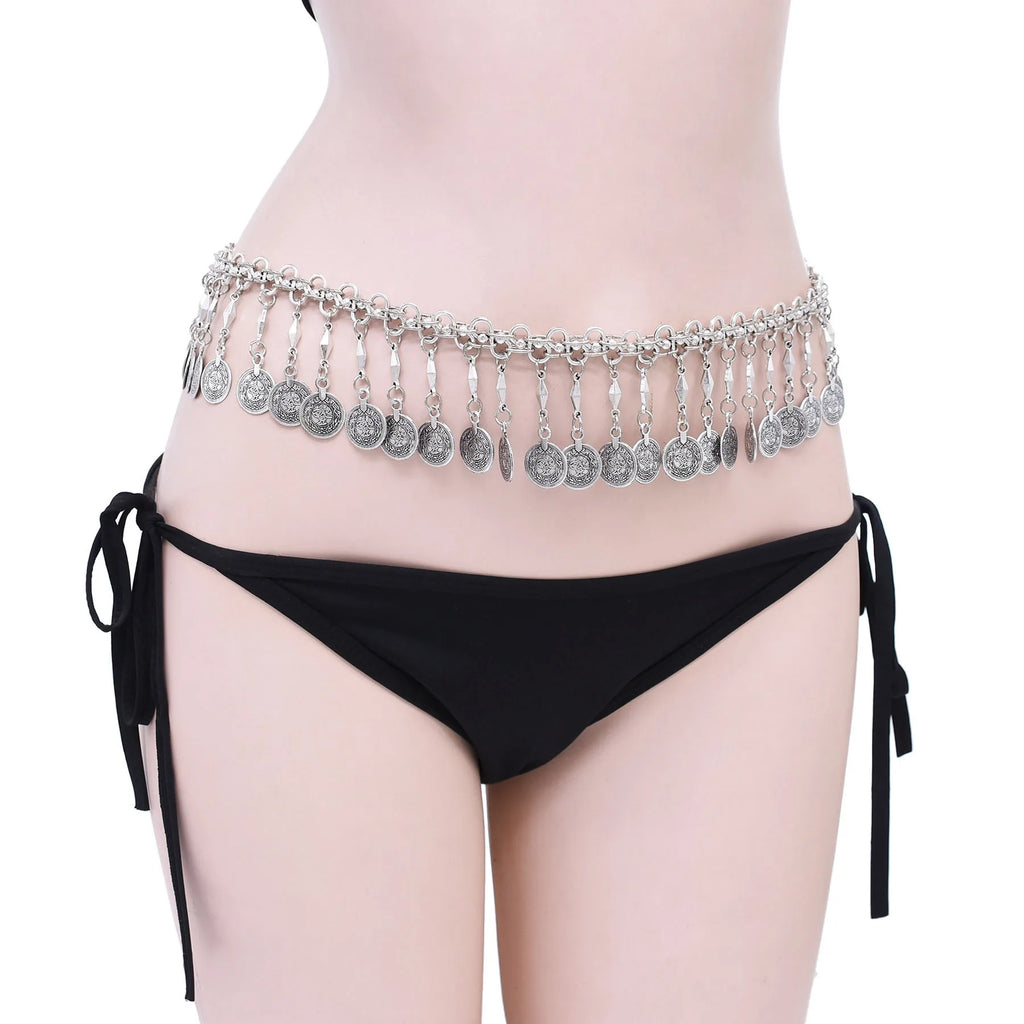 Silver coin belly dance hip scarf belt worn over black bikini bottoms