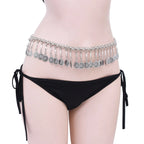 Silver coin belly dance hip scarf belt worn over black bikini bottoms