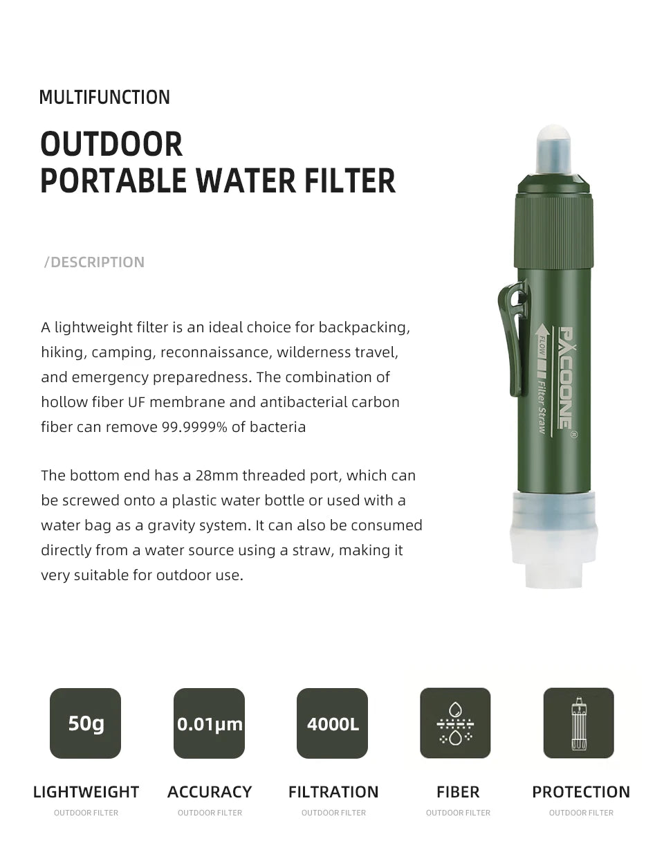Portable Water Purification Straw – Carbon Fiber Filter for Outdoor Survival
