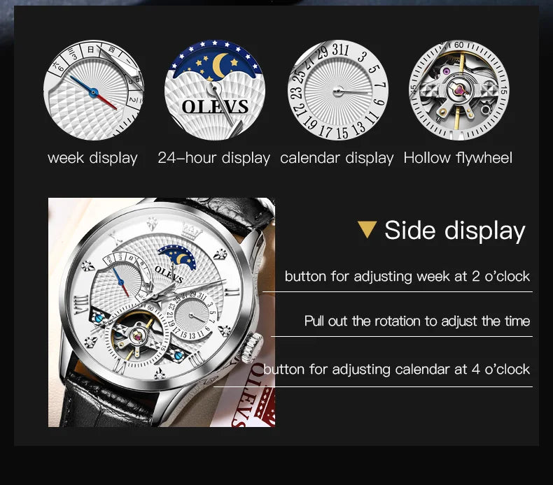 OLEVS Automatic Mechanical Watch – Leather Strap Flywheel for Business Casual