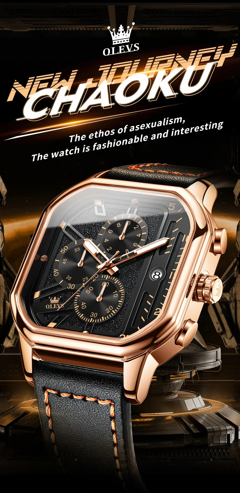 Square Leather Chronograph Watch – Waterproof Quartz Timepiece for Men