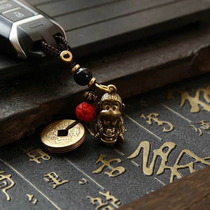 Brass Monkey Key Ring – Feng Shui Lucky Coin Charm for Car Keychain Decor