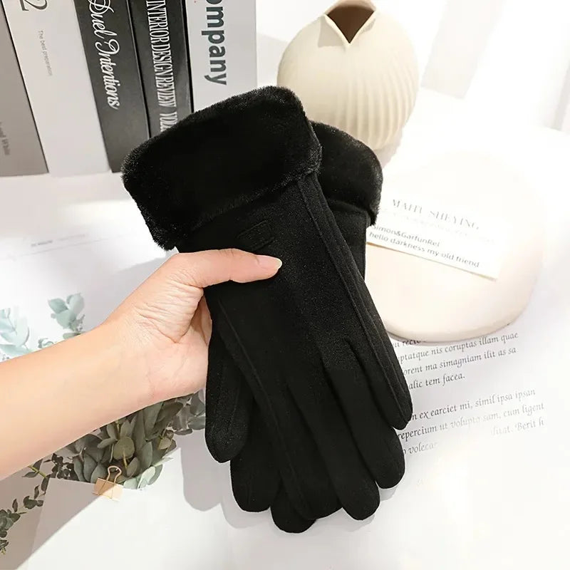 Women Suede Touchscreen Gloves – Thick Plush Lined for Winter Outdoor Wear