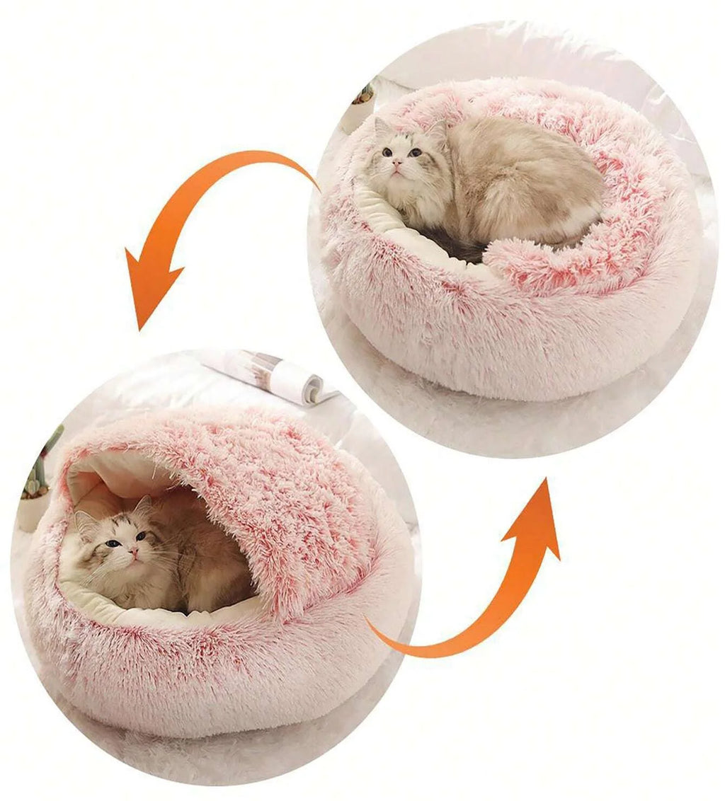 Plush Round Pet Bed – Warm 2-in-1 Cave Mattress for Small Cats and Dogs