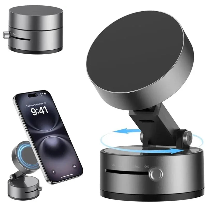 Magnetic Vacuum Phone Mount – Retractable Suction Holder for Car and Gym