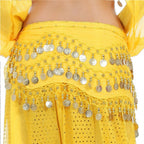 Yellow belly dance hip scarf with metallic coin embellishments