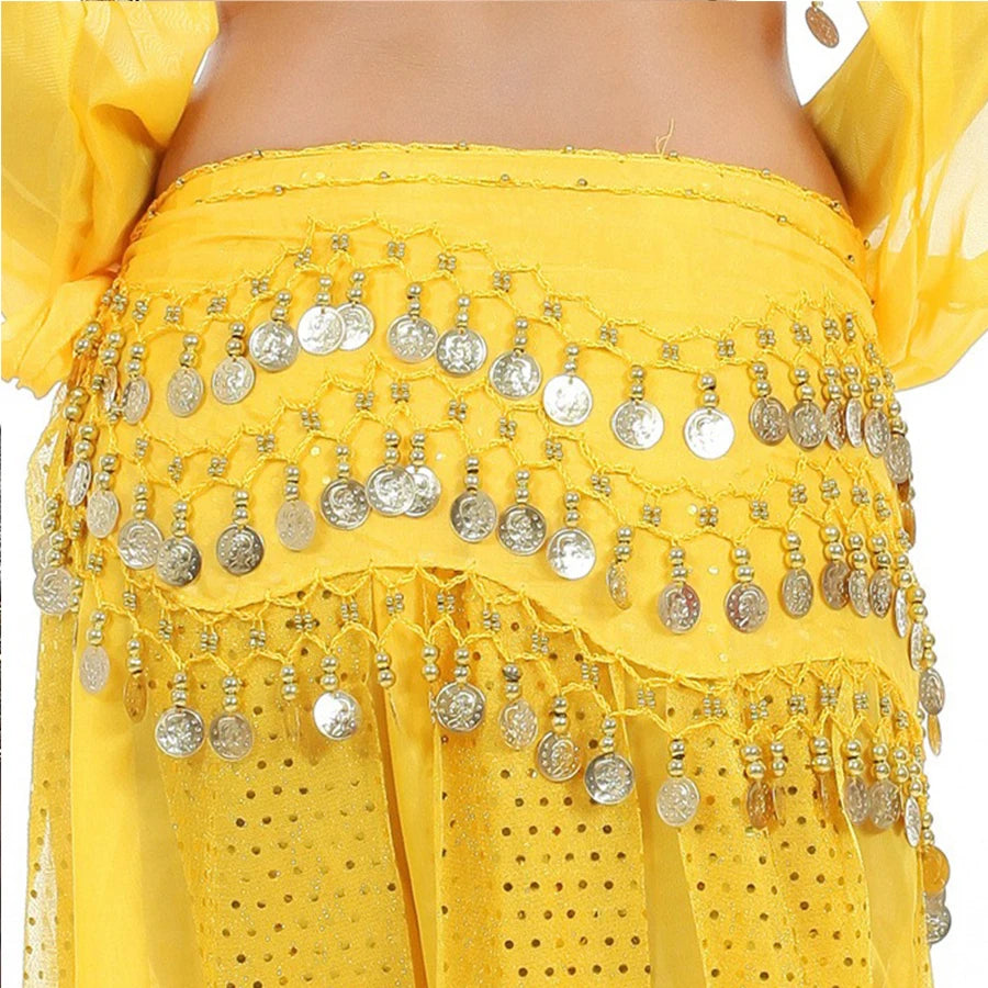 Yellow belly dance hip scarf with metallic coin embellishments