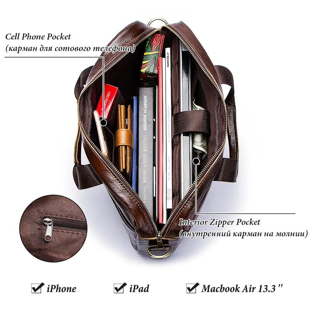 Genuine Leather Men Briefcase – Professional Laptop Messenger for Business