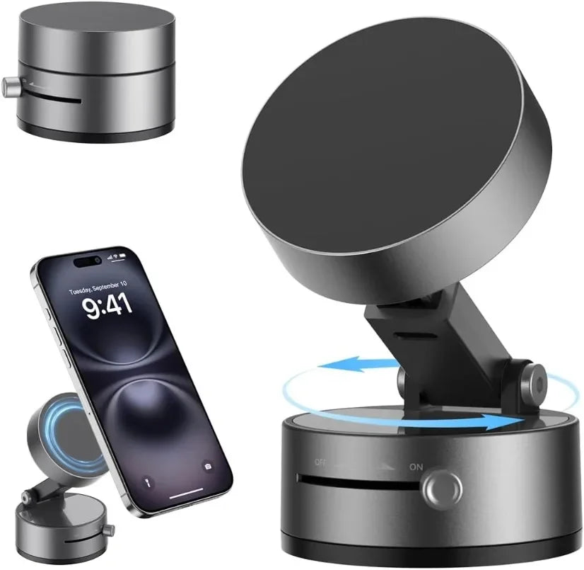 Magnetic Vacuum Phone Mount – Retractable Suction Holder for Car and Gym