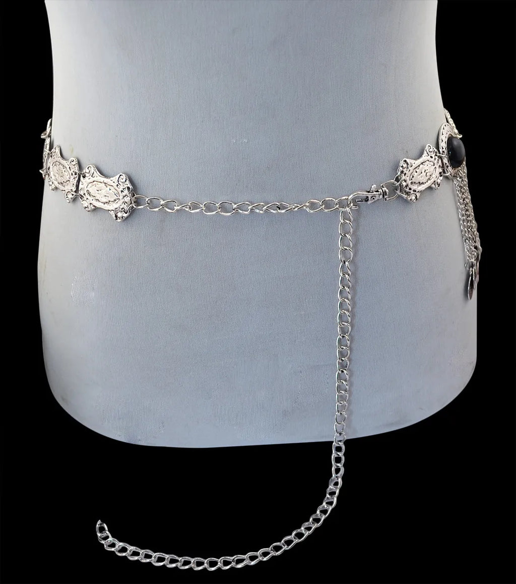 Silver chain belt with decorative engraved plates displayed on a torso mannequin