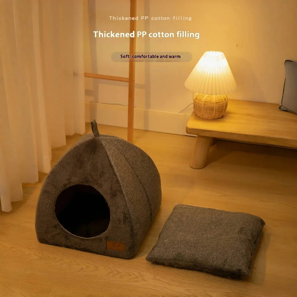 Enclosed Triangle Cat Bed – Warm Plush House for Indoor Winter Sleep