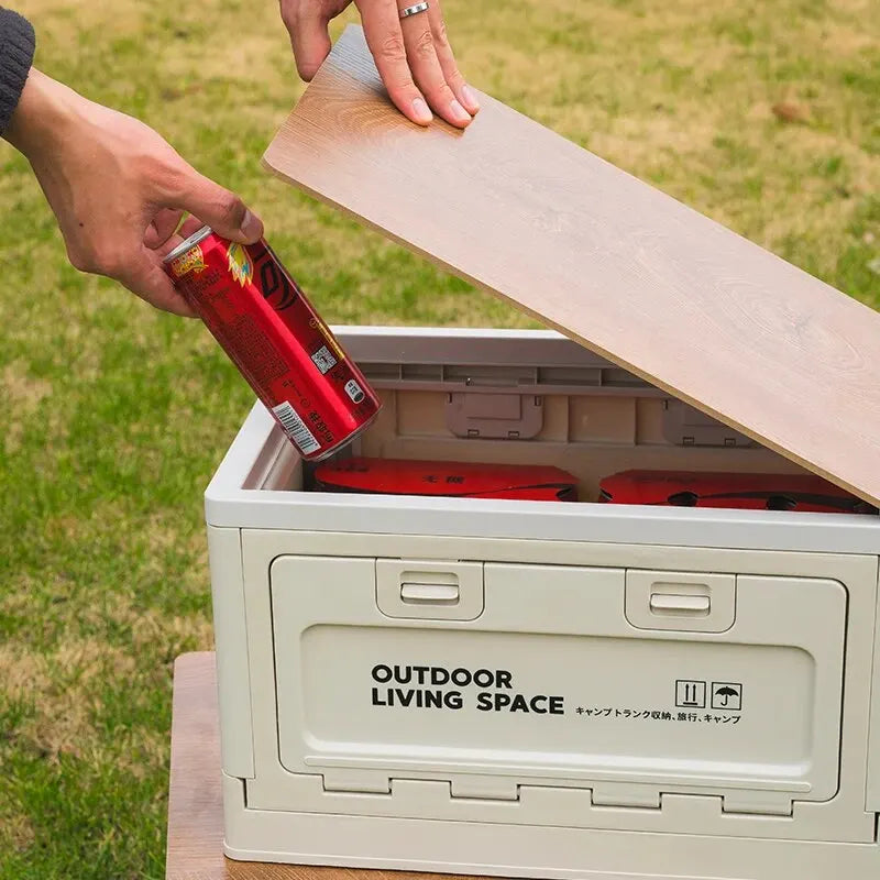 Folding Storage Box – Wooden Lid for Camping and Car Trunk Organization