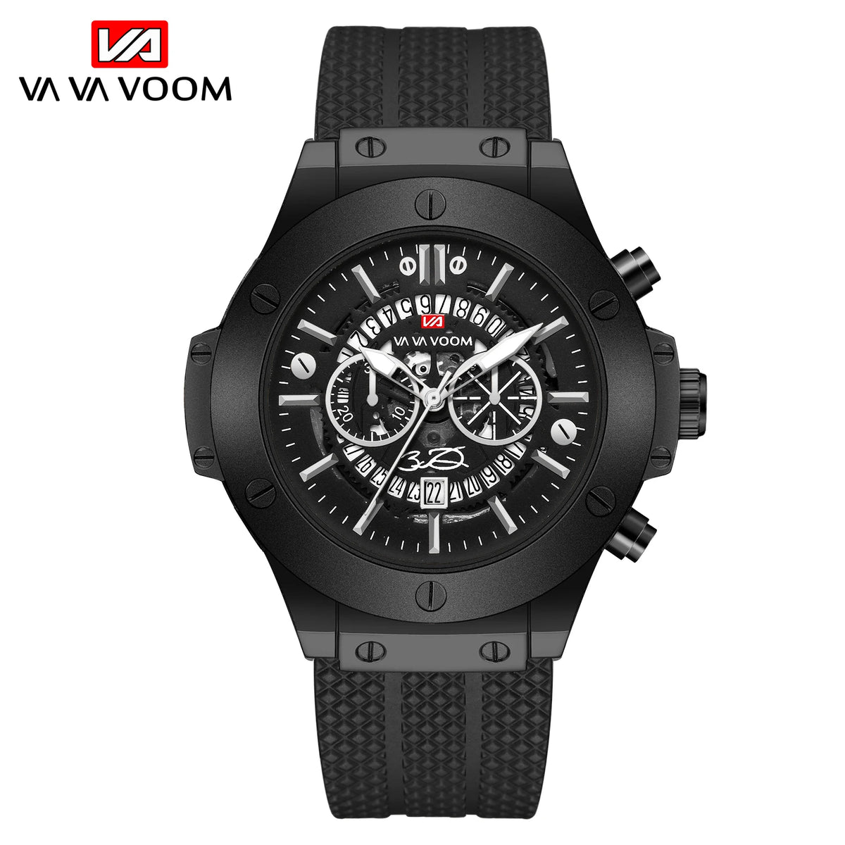 Mens Rose Gold Silicone Sports Watch – 46mm Hollow Dial for Daily Fashion