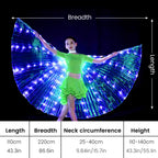 Child wearing LED light up butterfly wings costume with size chart, black background.