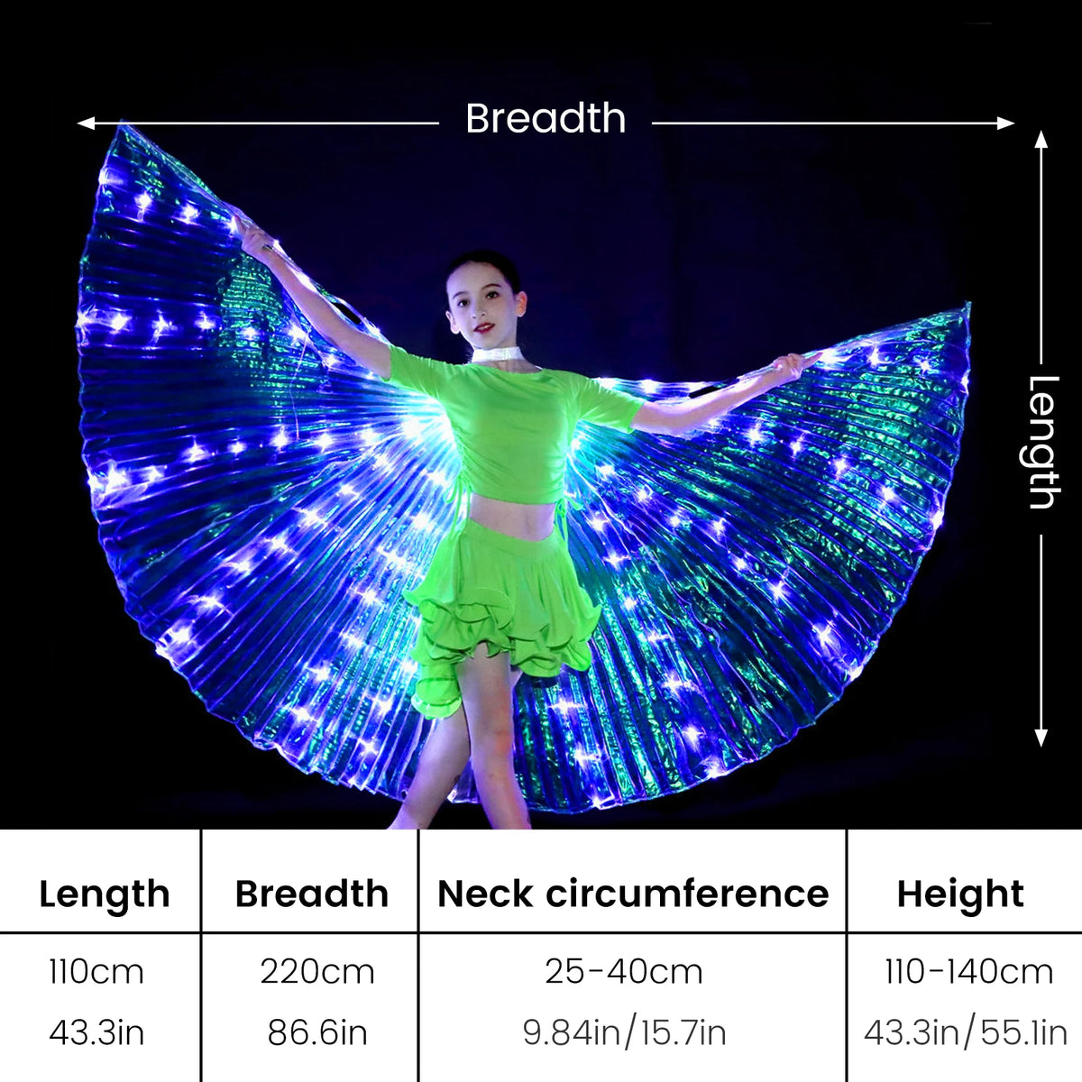Child wearing LED light up butterfly wings costume with size chart, black background.