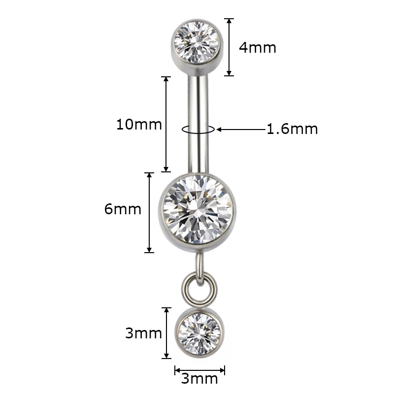 Silver belly button ring with clear cubic zirconia gems and labeled measurements.