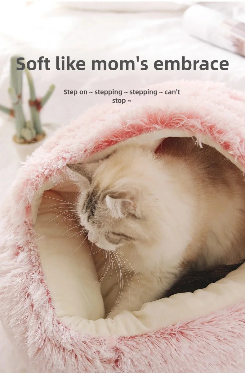Semi-Enclosed Plush Pet Bed – Warm Winter Shell Nest for Cats and Small Dogs