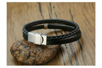 Genuine Leather Bar Bracelet – Stainless Steel Layered Bangle for Men Women