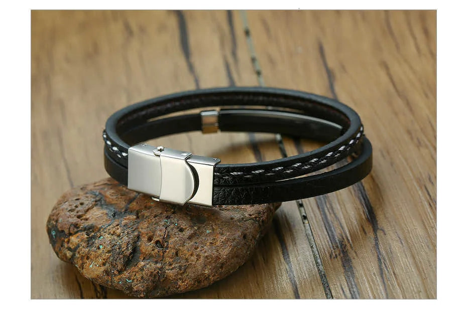 Genuine Leather Bar Bracelet – Stainless Steel Layered Bangle for Men Women