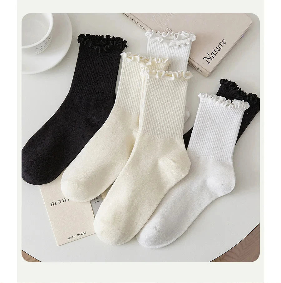 Ruffled Mid-Tube Socks – Breathable Cotton Casual Wear for Women
