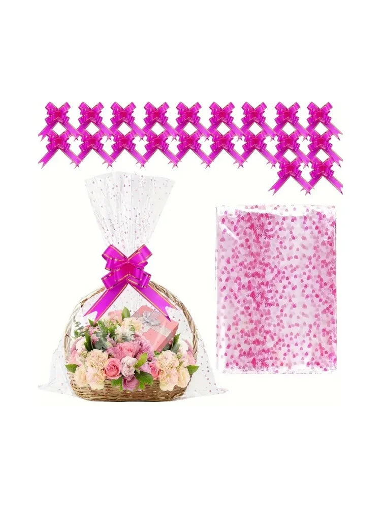 Heart Print Cellophane Gift Bags – Decorative Ribbon Pouches for Wedding Favors