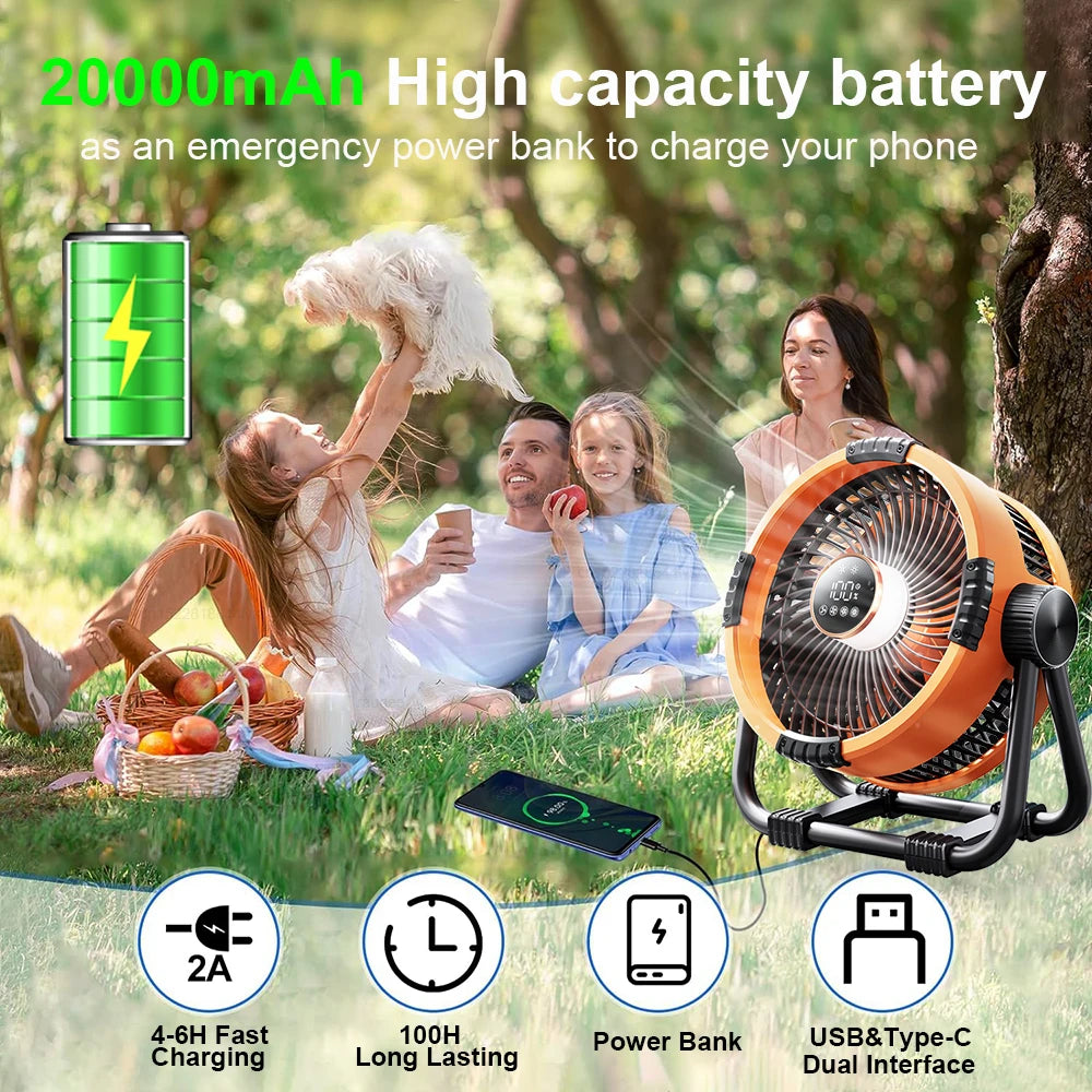Portable Camping Fan – 20000mAh Rechargeable LED Tent Light for Outdoor Travel