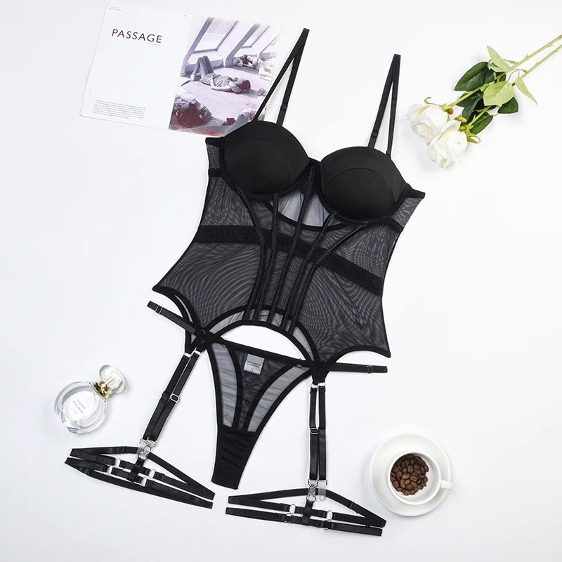 Mesh Lingerie Bodysuit Set – Backless Lace 3 Piece Lingerie for Women