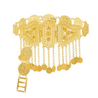 Gold filigree waist belt with ornate coin charms and drop chains on white background