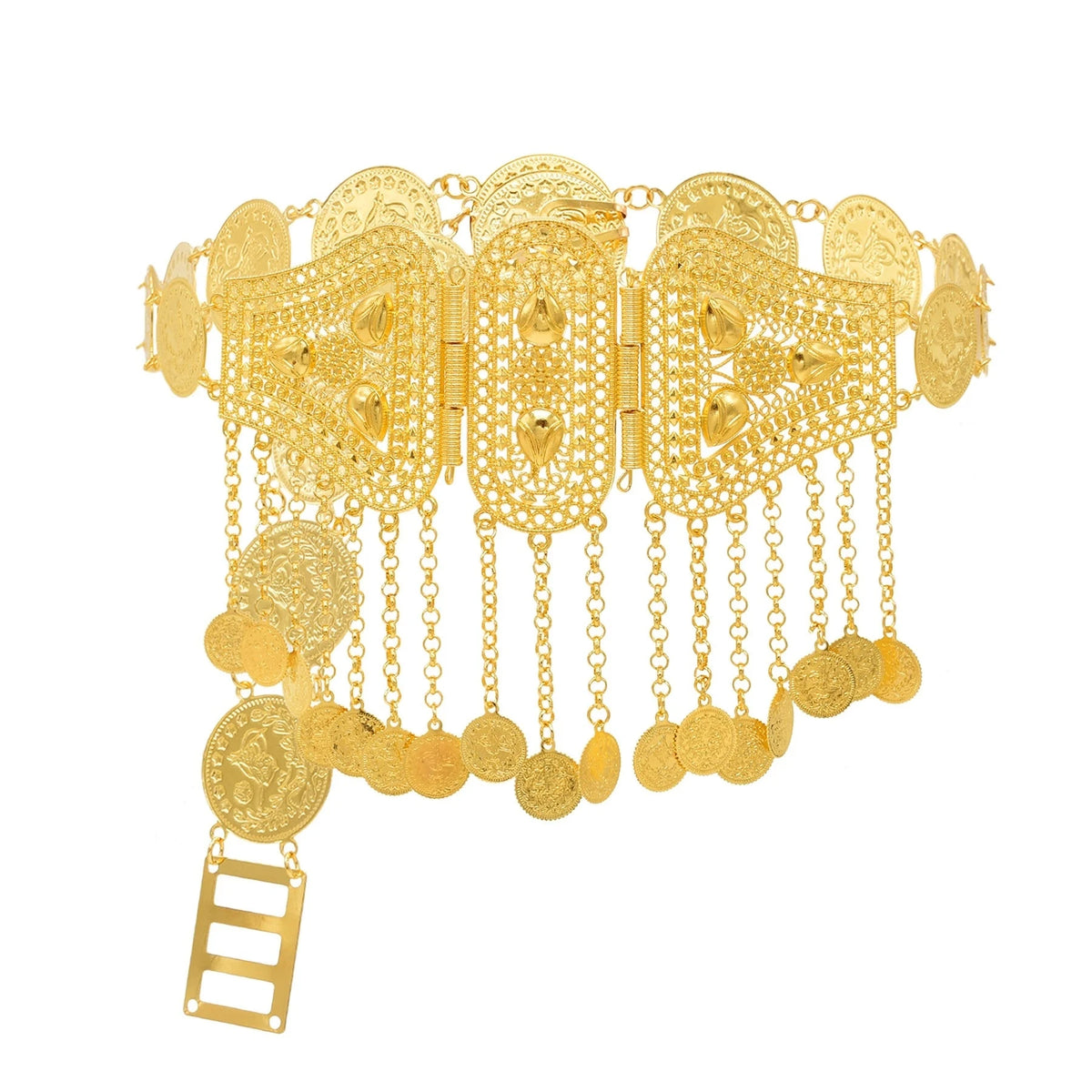 Gold filigree waist belt with ornate coin charms and drop chains on white background